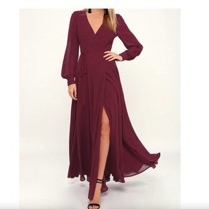 Lulu's My Whole Heart Burgundy Dress V-neck Belle Sleeve wrap - Large NWT